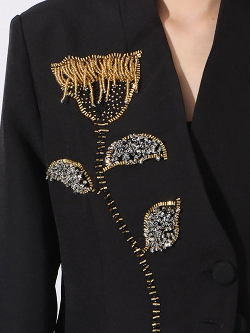 Flower Button Front Long Sleeve Blazer - Fashorio