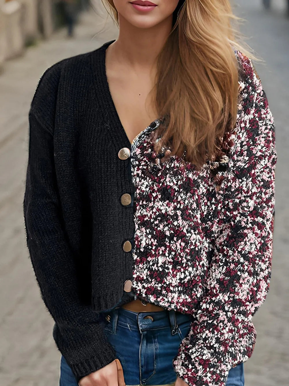 Contrast Button Up V-Neck Cropped Cardigan - Fashorio