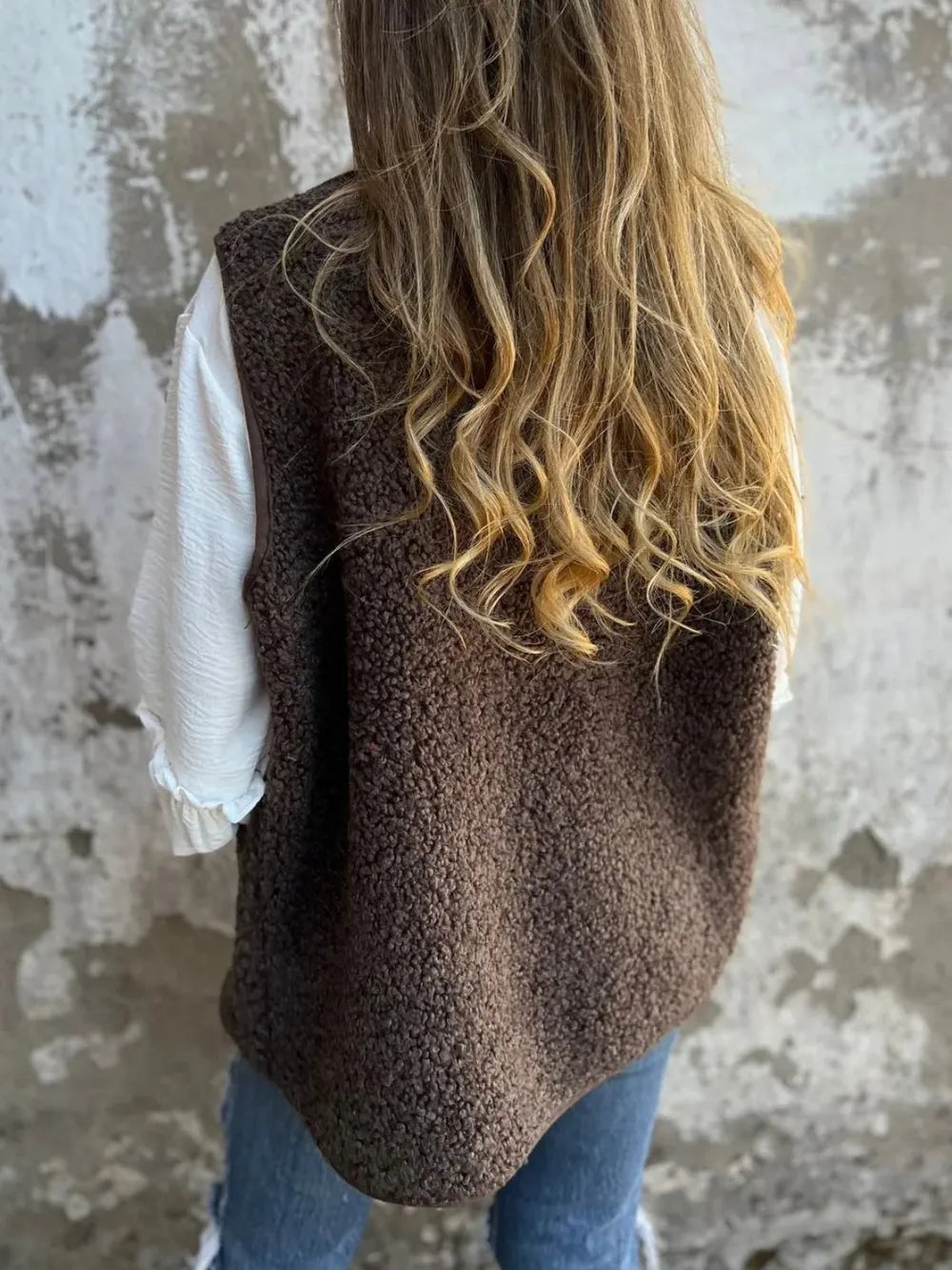 Full Size Pocketed Button Up V-Neck Sherpa Vest - Fashorio