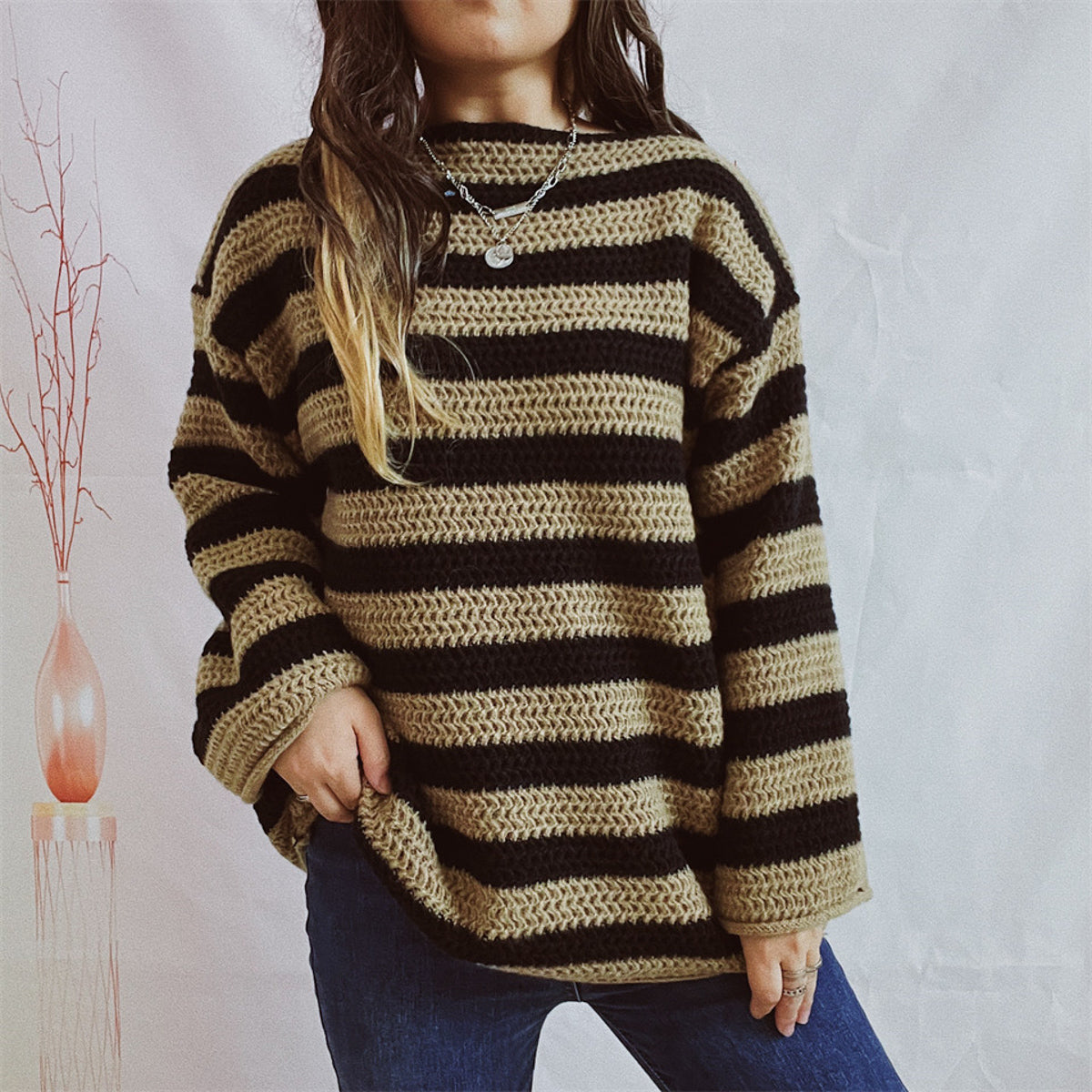 Striped Round Neck Long Sleeve Sweater Olive Brown - Fashorio