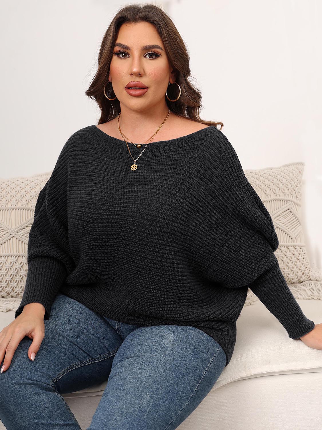 Full Size Boat Neck Batwing Sleeve Sweater - Fashorio