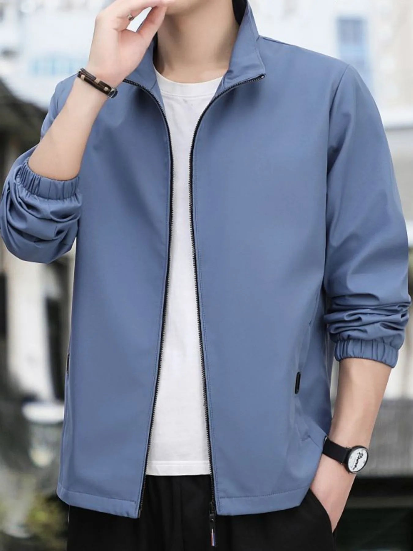 Men's Plus Size Zip Up Long Sleeve Jacket Blue - Fashorio