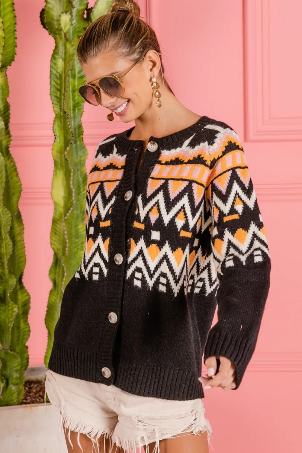 BiBi Ethnic Pattern Button Up Knit Cardigan - Fashorio
