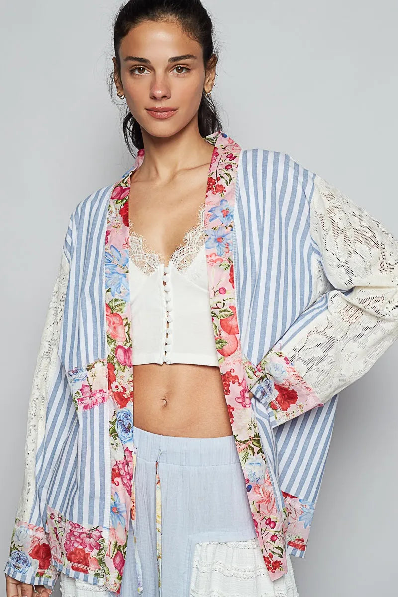 POL Lace Long Sleeve Striped Cardigan with Floral Patchwork Detail - Fashorio