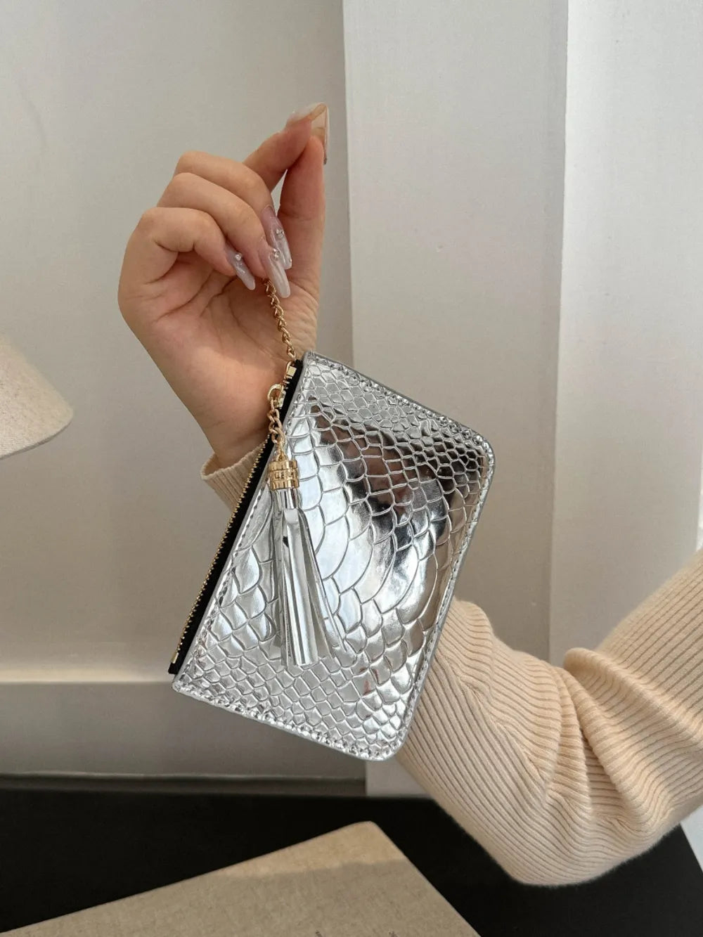 PU Leather Tassel Trim Card Case - Fashorio