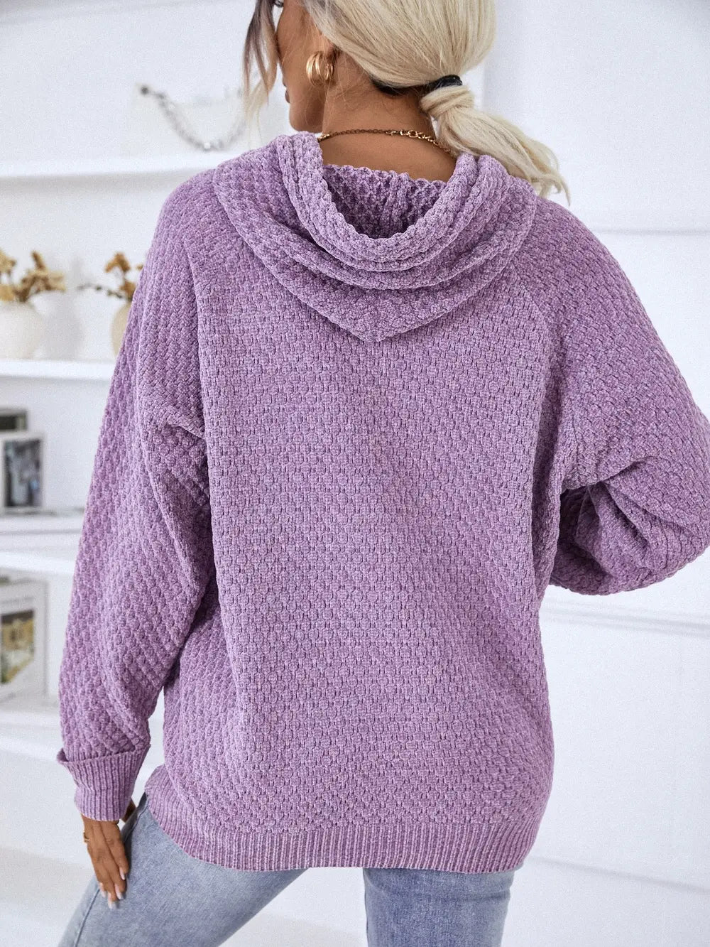 Texture Drawstring Long Sleeve Hooded Sweater - Fashorio