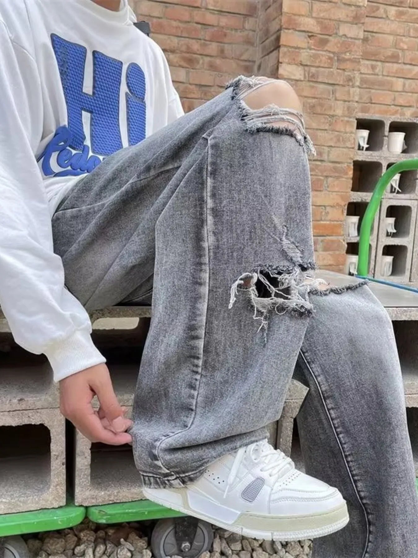 Men's Plus Size Distressed Wide Leg Jeans Grey - Fashorio