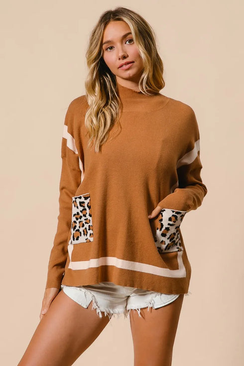 BiBi Mock Neck Sweater with Leopard Pocket - Fashorio