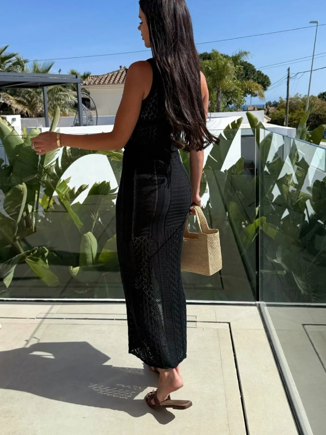Openwork Round Neck Top and Slit Skirt Sweater Set - Fashorio