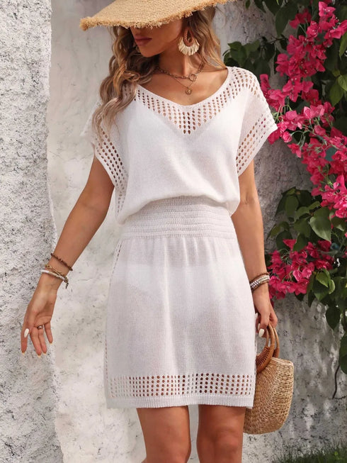Openwork V-Neck Short Sleeve Cover-Up Dress - Fashorio