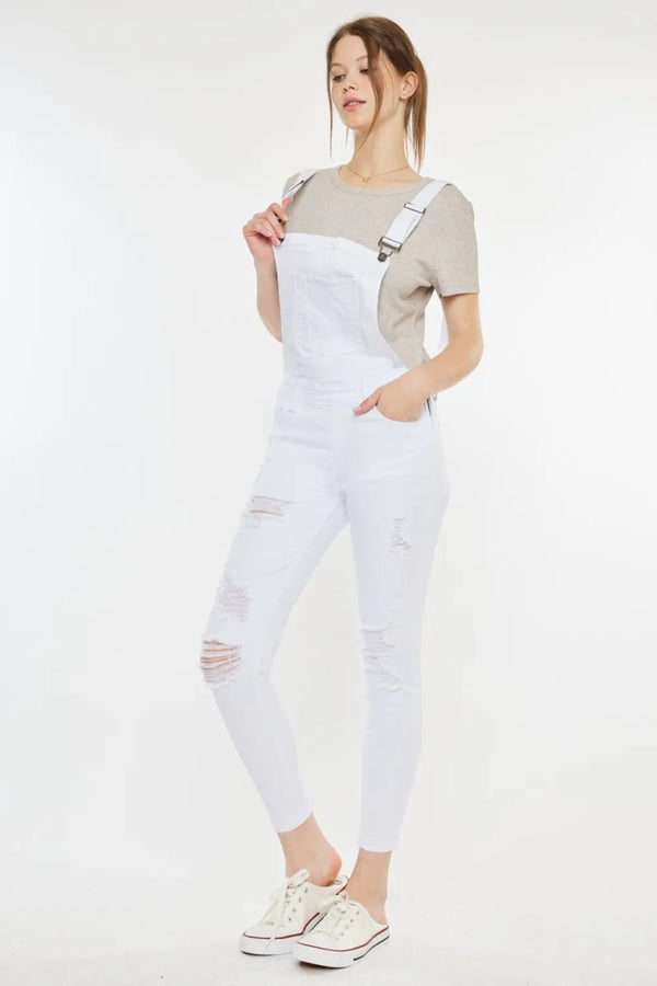 Kancan Distressed Skinny Denim Overalls White - Fashorio