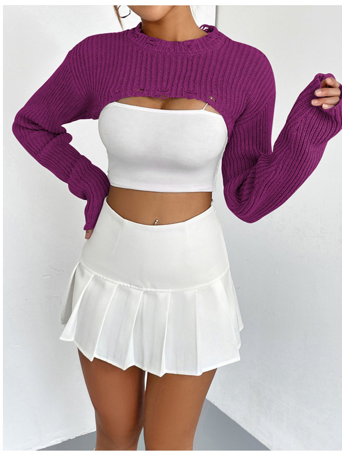 Distressed Long Sleeve Cropped Sweater Fuchsia - Fashorio