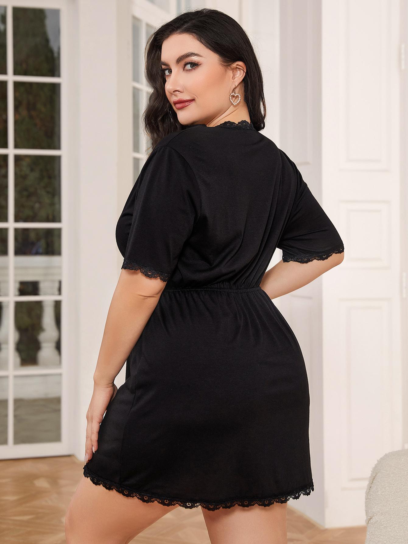 Plus Size Lace Trim Deep V Night Dress - Fashorio