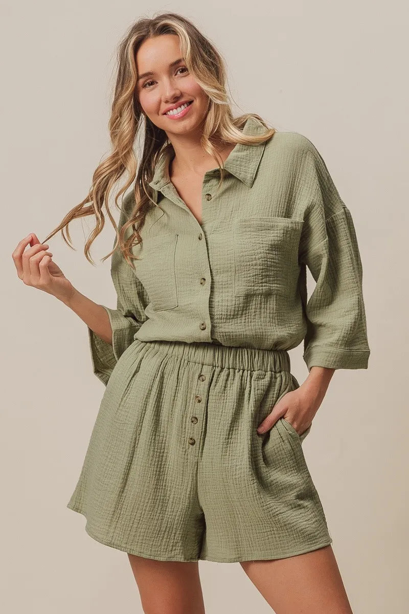 BiBi Crinkle Gauze Shirt and Short Set - Fashorio