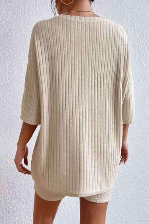Round Neck Ribbed Top and Shorts Lounge Set - Fashorio
