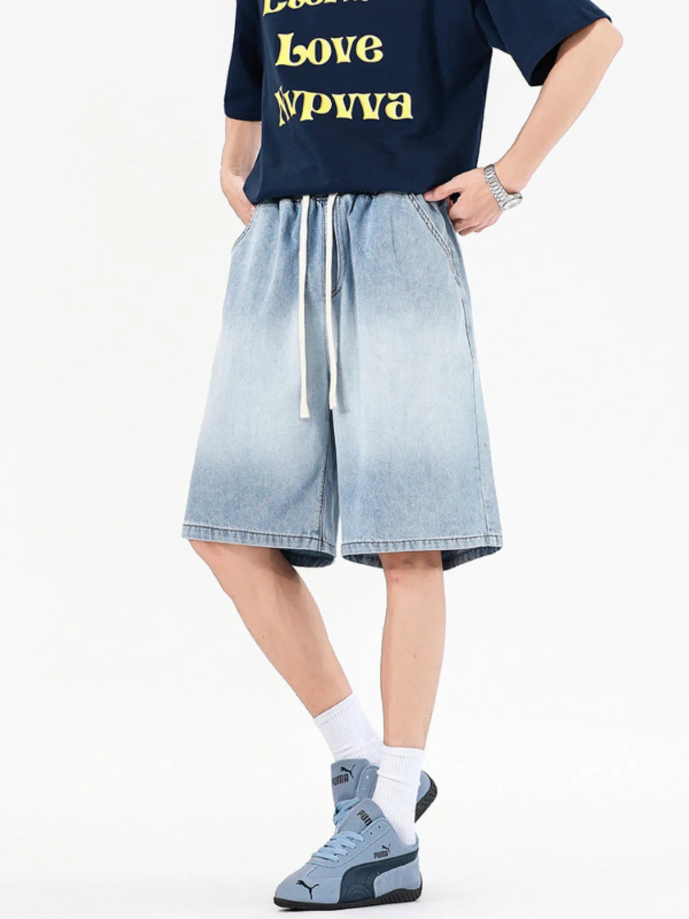 Men's Full Size Drawstring Loose Fit Denim Shorts Plus Size - Fashorio