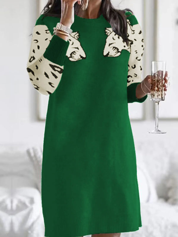 Leopard Round Neck Sweater Dress Dark Green - Fashorio