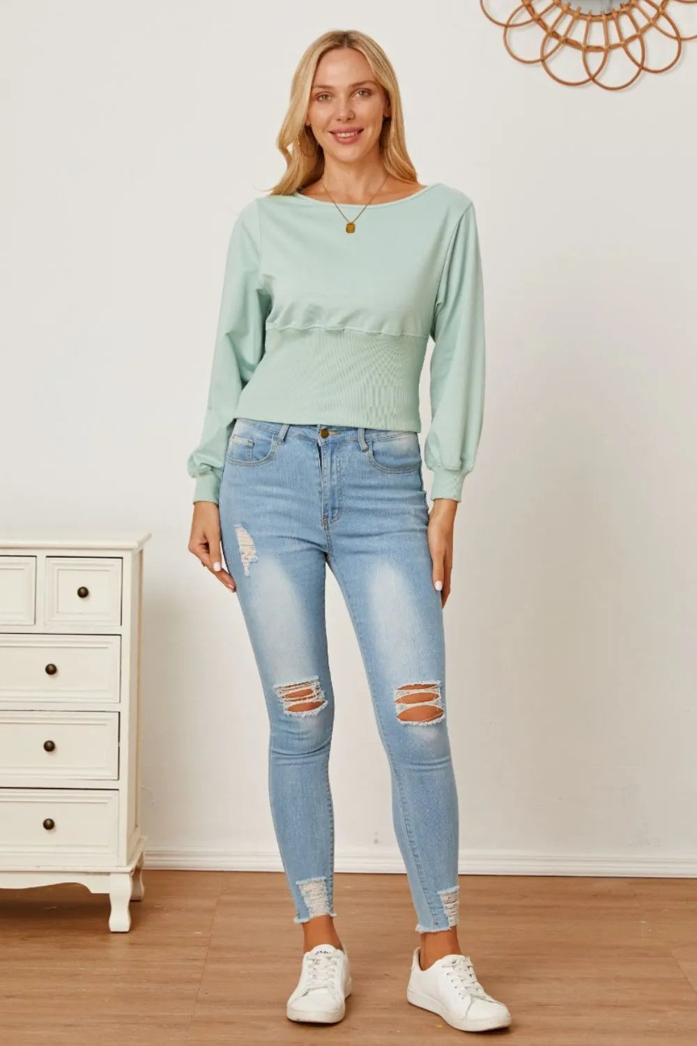 Boat Neck Lantern Sleeve Blouse - Fashorio