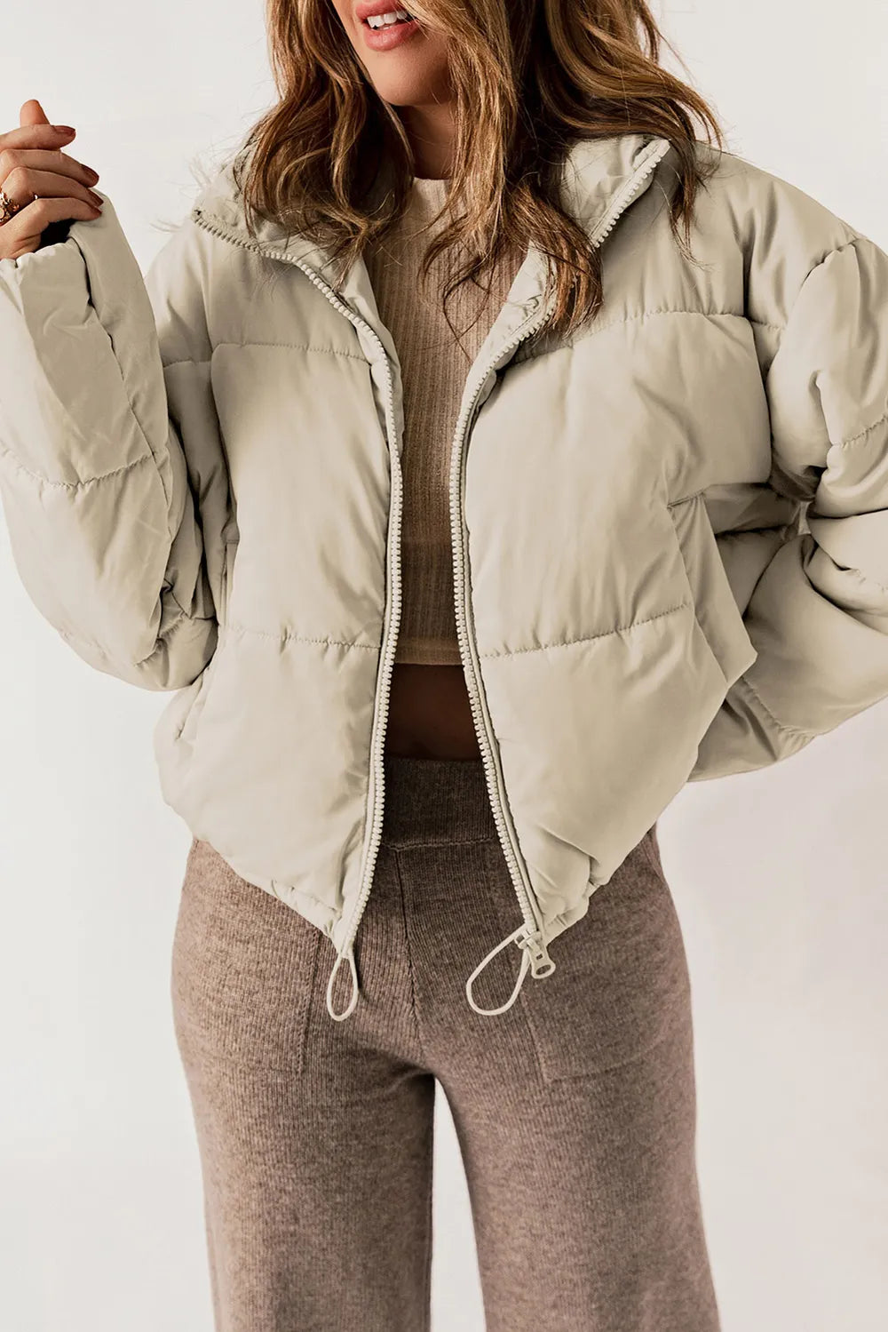 Zip Up Collared Neck Long Sleeve Winter Coat - Fashorio