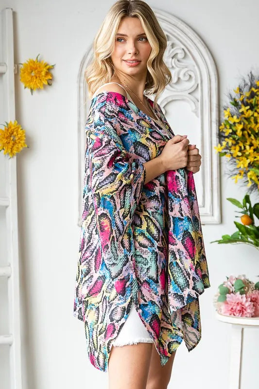 Heimish Full Size Multi Color Snake Open Cardigan Plus Size - Fashorio