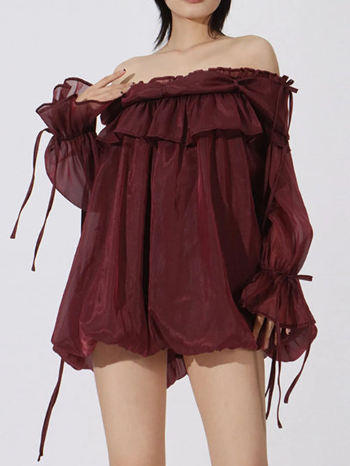 Ruffled Off-Shoulder Flounce Sleeve Blouse Burgundy - Fashorio