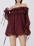 Ruffled Off-Shoulder Flounce Sleeve Blouse Burgundy - Fashorio