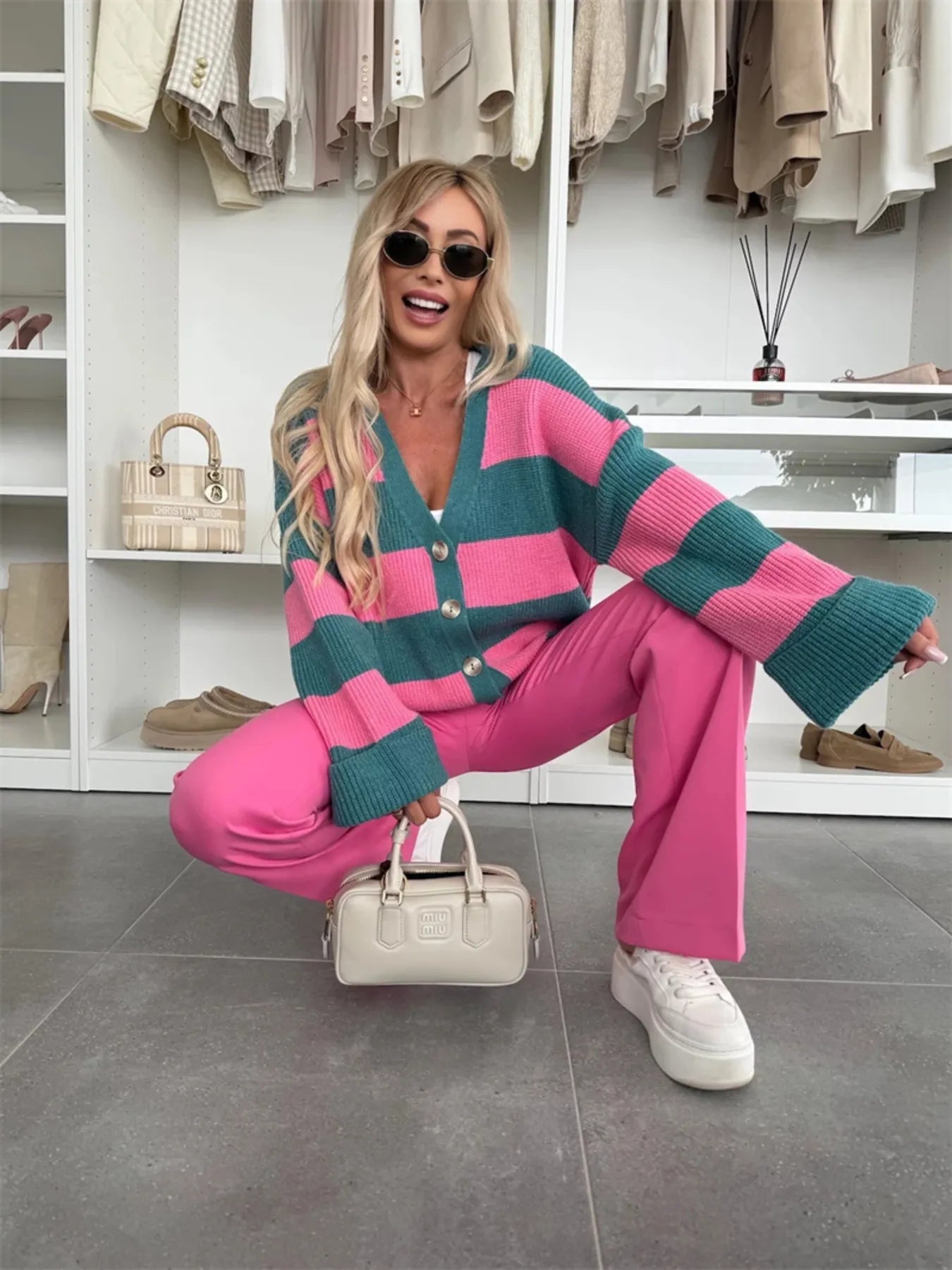Color Block Striped V-Neck Button Front Cardigan - Fashorio
