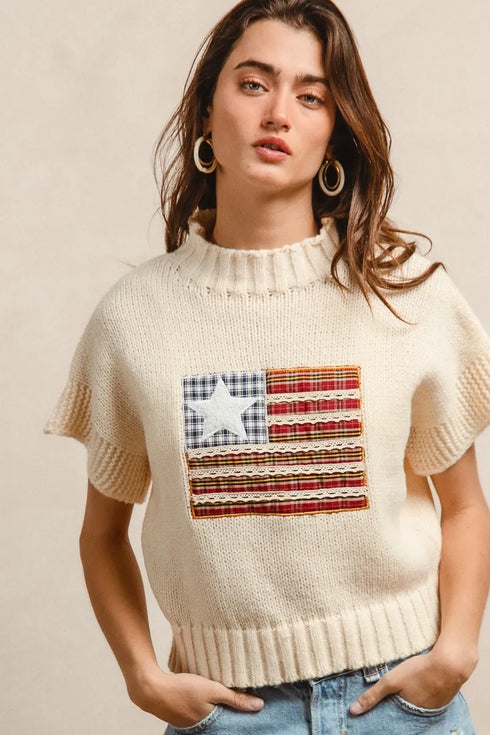 BiBi American Flag Patchwork Drop Shoulder Sweater - Fashorio