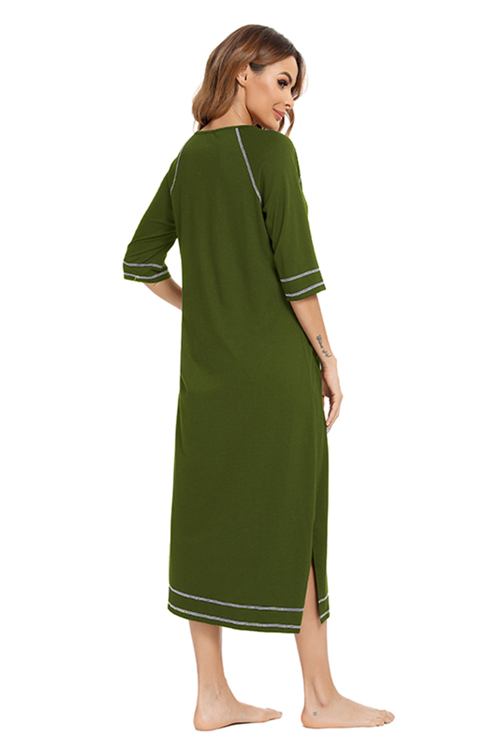 Zip Up Slit Round Neck Night Dress with Pockets - Fashorio