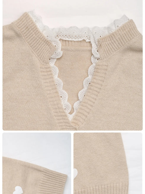 Heart V-Neck Long Sleeve Sweater - Fashorio