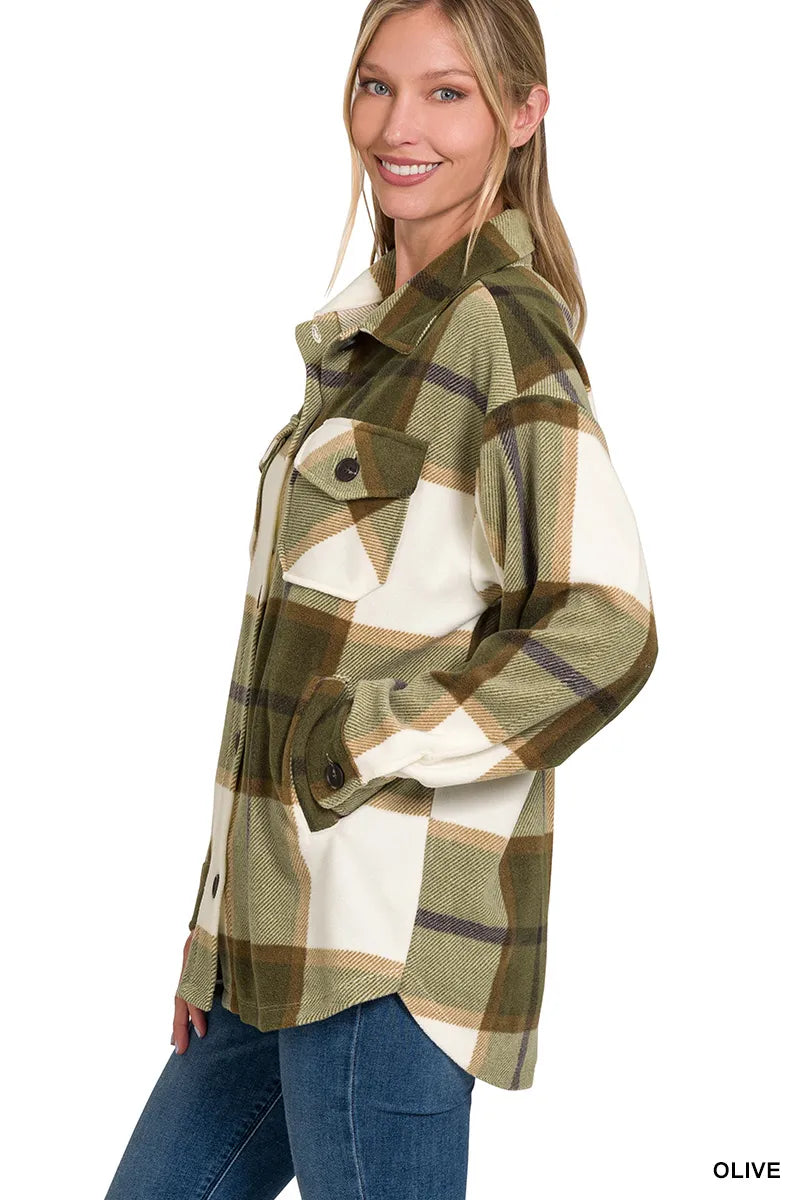 Zenana Oversized Plaid Fleece Shacket - Fashorio