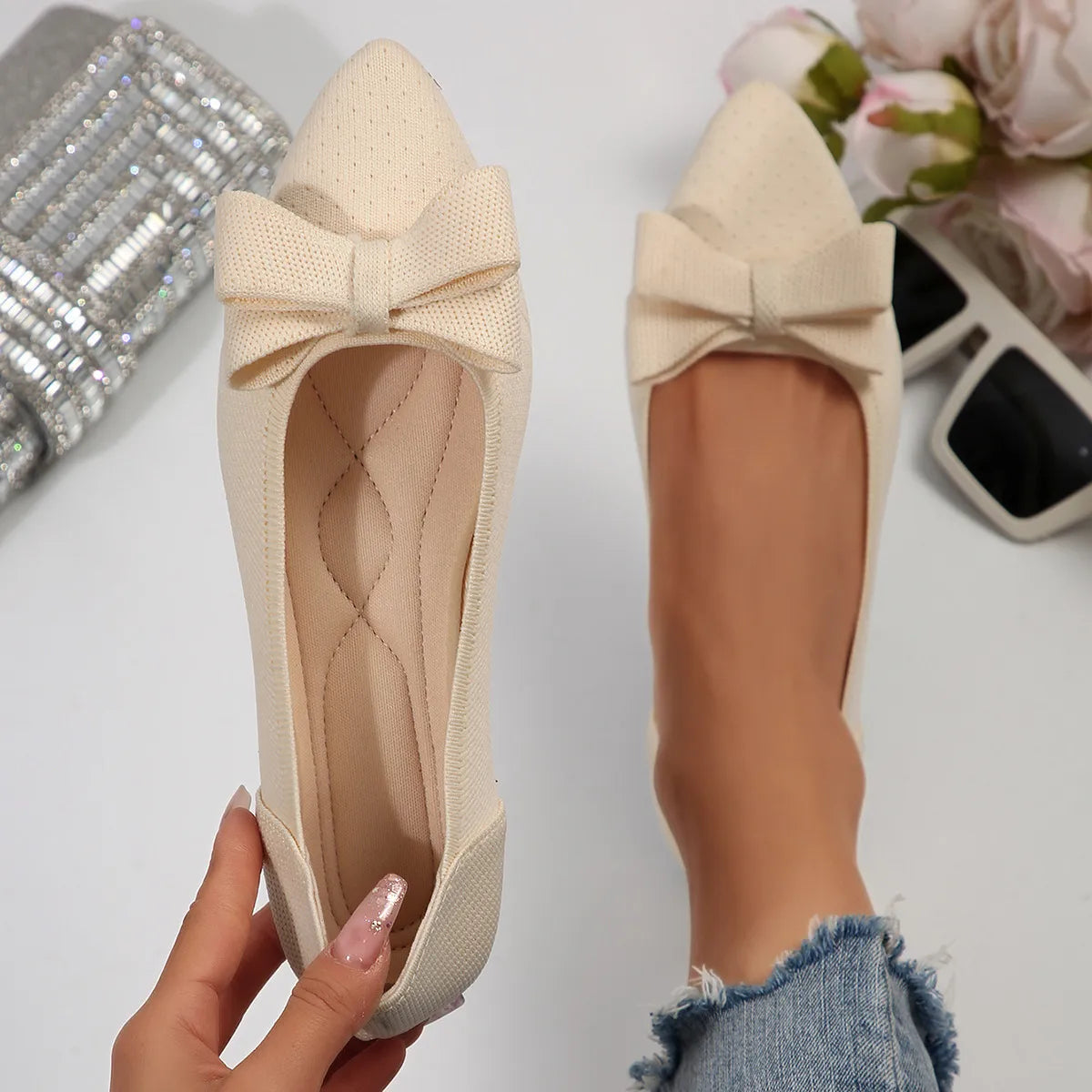 Bow Point Toe Slip-Ons Ivory - Fashorio