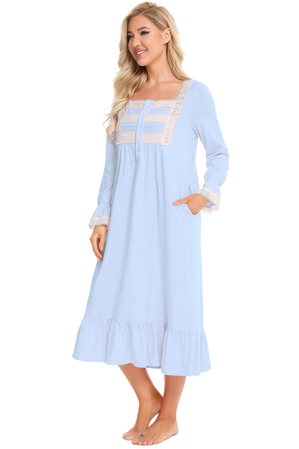 Lace Detail Square Neck Flounce Sleeve Night Dress - Fashorio
