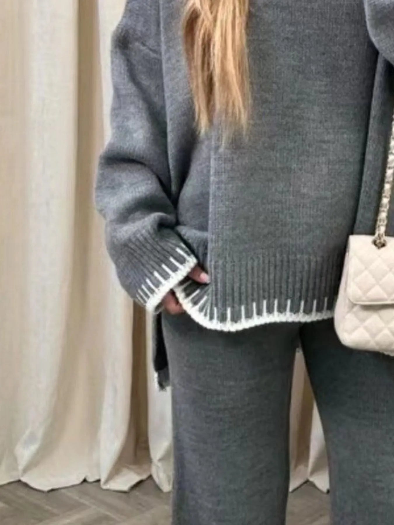 Contrast Trim Round Neck Top and Pants Sweater Set - Fashorio