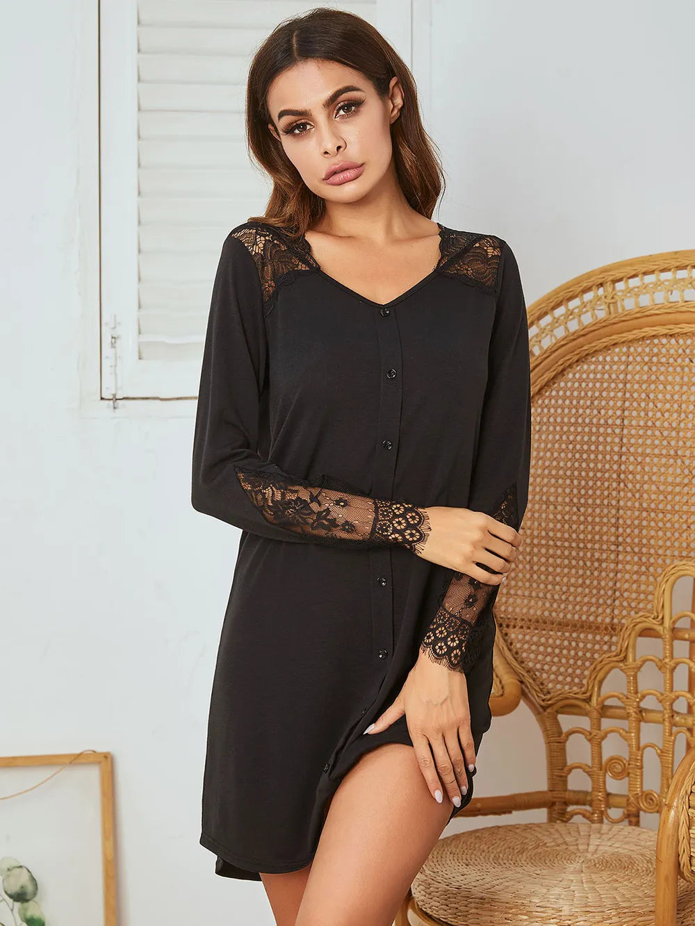 Lace Detail Long Sleeve Mini Lounge Dress - Fashorio