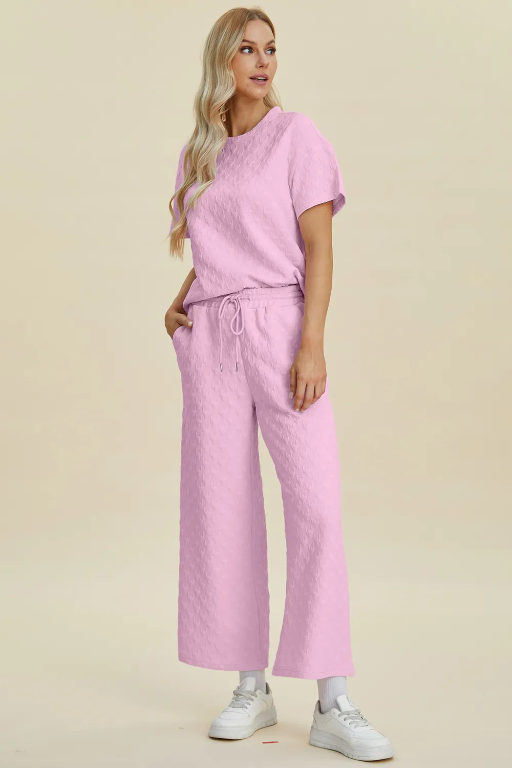 Double Take Full Size Texture Round Neck Short Sleeve Top and Pants Set - Fashorio