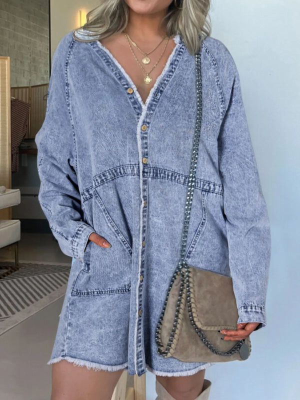 Full Size Button-Front Long Sleeve Denim Shirt Dress Plus Size Blue - Fashorio