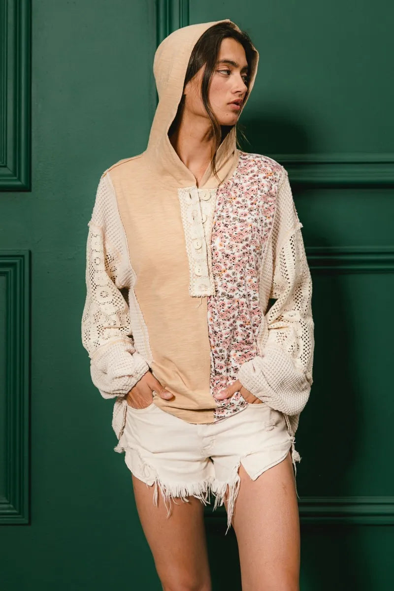 BiBi Slub Jersey with Lace Combo Buttoned Hoodie Top - Fashorio