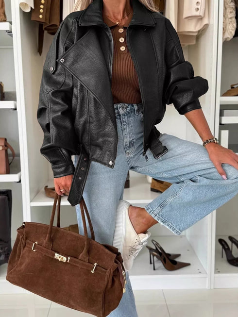 Leather Zip Up Jacket – Buttoned Faux Leather Outerwear Black - Fashorio