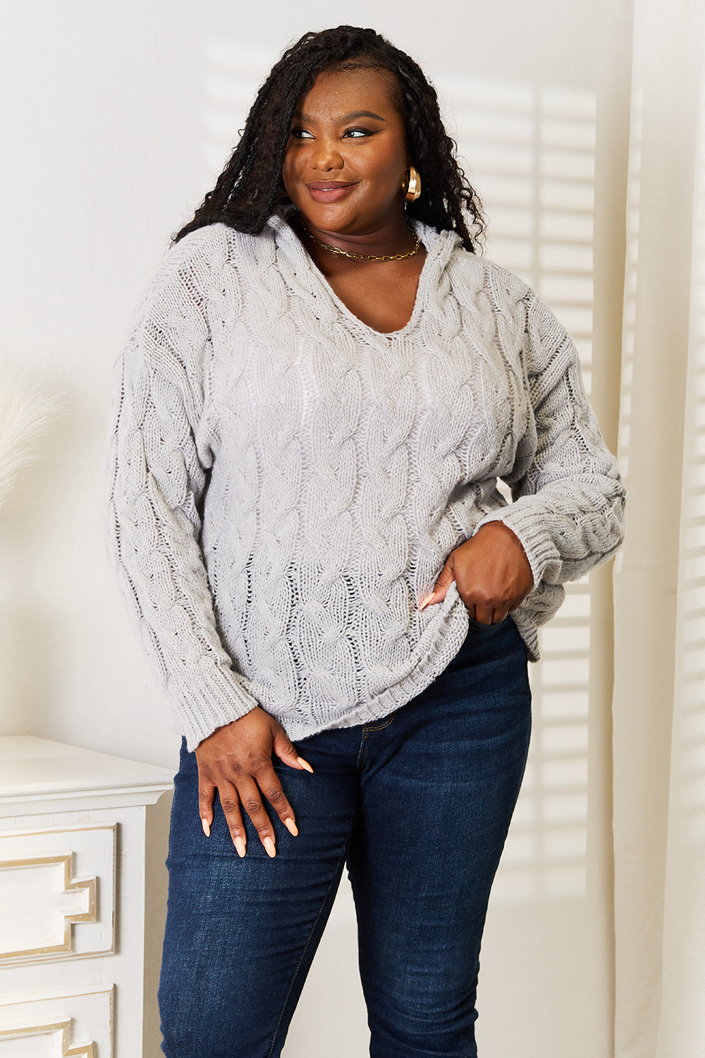 Woven Right Cable-Knit Hooded Sweater - Fashorio