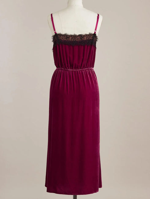 Velvet Cami Lounge Dress with Lace Trim - Fashorio