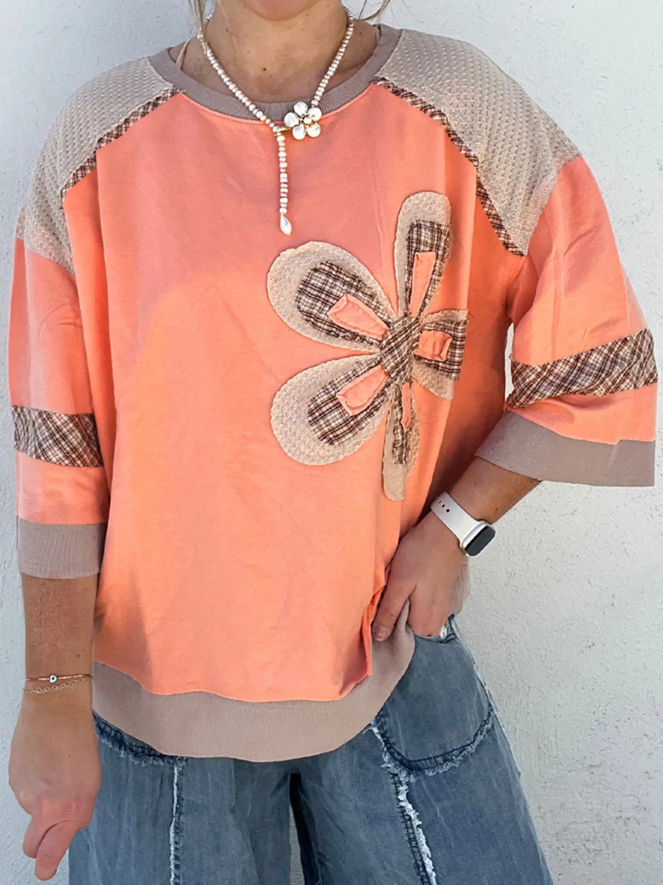 Plaid Waffle Flower Patchwork Contrast Top Sherbet - Fashorio