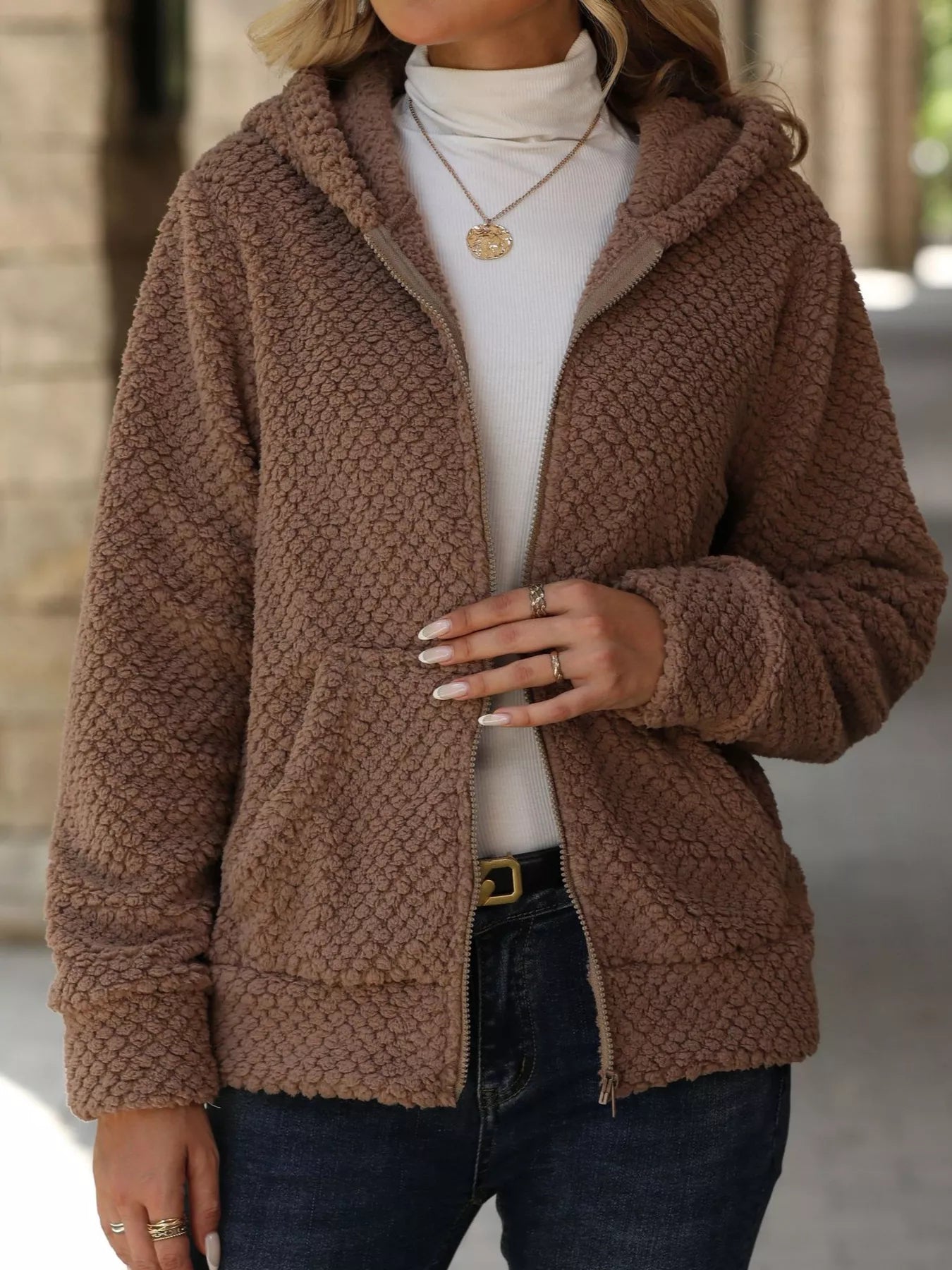 Textured Knit Zip-Up Hooded Outerwear - Fashorio
