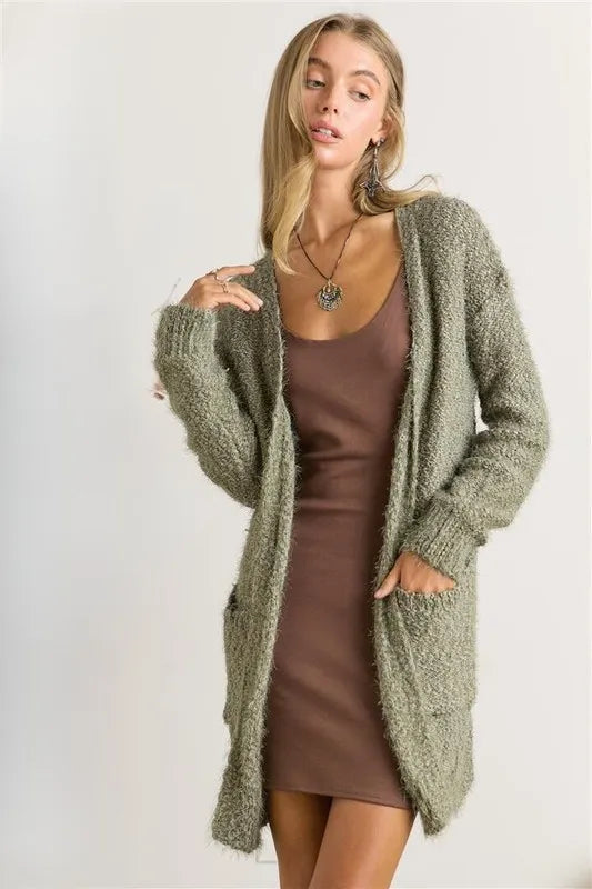 ADORA Comfy Fuzzy Sweater Cardigan NEW OLIVE - Fashorio