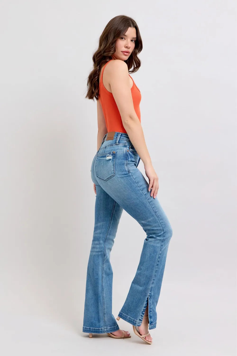 Judy Blue HW Tummy Control Vintage Wash Side Slit Slim Boot Jeans - Fashorio