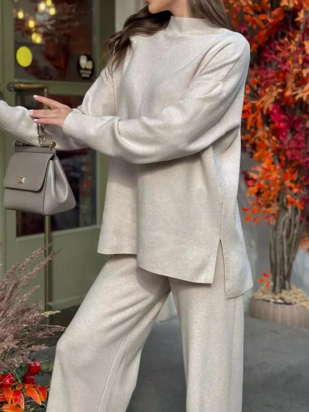 Slit Mock Neck Top and Pants Sweater Set - Fashorio