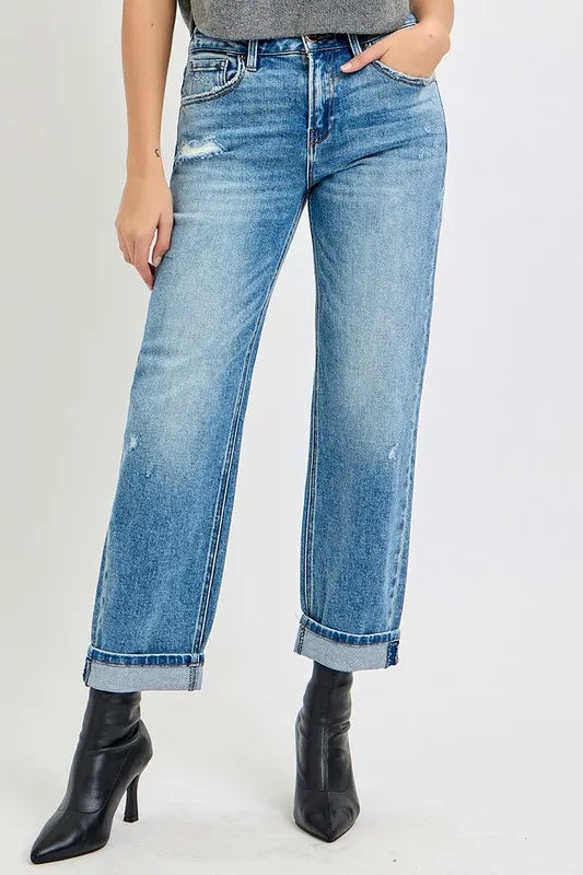 RISEN Full Size High Rise Ankle Boyfriend Distressed Jeans Plus Size MEDIUM - Fashorio