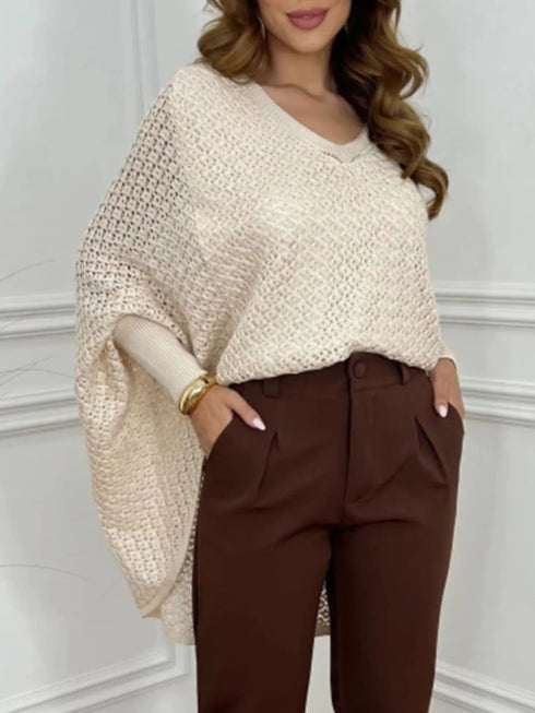 Crochet V-Neck Batwing Sleeves Oversized Sweater - Fashorio