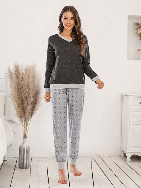 Long Sleeve Top and Polka Dot Pants Set Black - Fashorio
