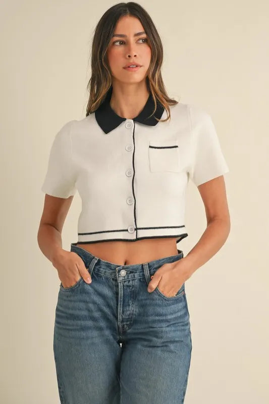 MABLE Button Down Contrast Collared Knit Cardigan - Fashorio